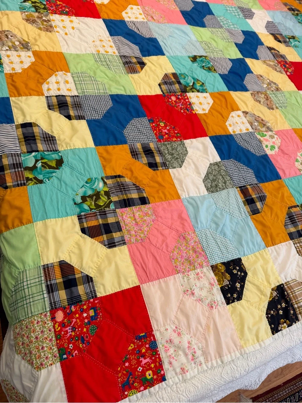 Vintage large hand stitched colorful bright quilt 83”x71” cottage core farmhouse